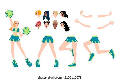 Cheerleader girl constructor for custom illustrations. Cheerleader in green uniform. Character creation set with different views, face emotions, poses.