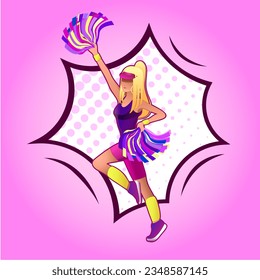 Cheerleader girl dancing on a colorful pink background. Sport, woman, cartoon style, pose, dance, isolated picture.