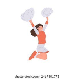 Cheerleader girl isolated cartoon character flying in jump performing support acrobatic dance