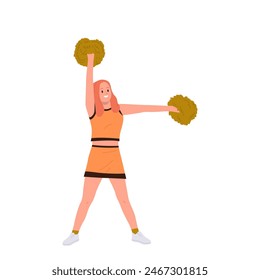 Cheerleader girl isolated cartoon character with pompoms performing gymnastics tricks and dance