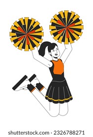 Cheerleader girl jumping flat line color vector character. Editable outline full body schoolgirl in uniform with cheerleading poms on white. Simple cartoon spot illustration for web graphic design