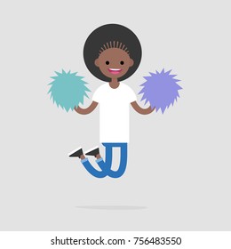 Cheerleader girl jumping with the pompoms. Sport activities. Supporting the team. Young excited character celebrating the success. Flat editable vector illustration, clip art