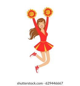 Cheerleader girl jumping with red and yellow pompoms. Colorful cartoon character vector Illustration