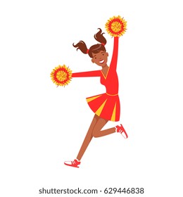 Cheerleader girl jumping with red and yellow pompoms. Colorful cartoon character vector Illustration