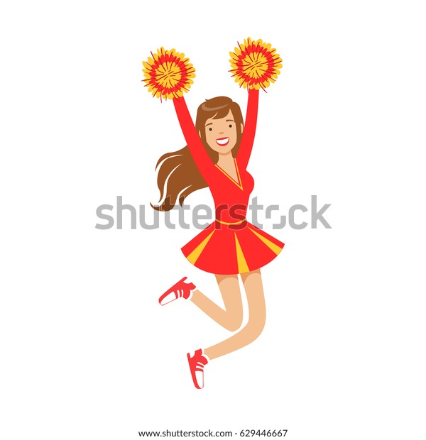 Cheerleader Girl Jumping Red Yellow Pompoms Stock Vector Royalty Free