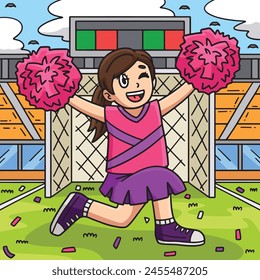 Cheerleader Girl Kneeling Pompoms Colored Cartoon