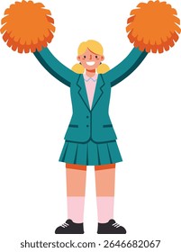 Cheerleader girl com pom laranja poms usa um uniforme azul-petróleo e executa uma rotina de alegria energética, expressando entusiasmo e espírito de equipe em um estilo animado.