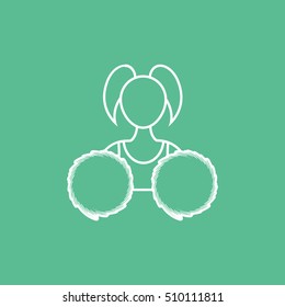 Cheerleader Girl With Pom Pom Line Icon On Green Background