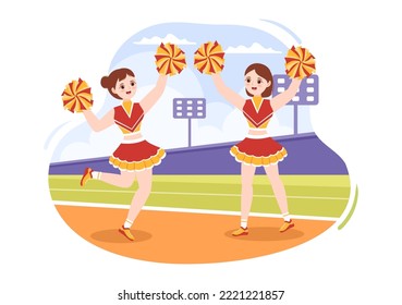 Cheerleader Girl with Pompoms of Dancing and Jumping to Support Team Sport During Competition on Flat Cartoon Hand Drawn Templates Illustration