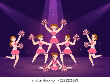 Cheerleader Girl with Pompoms of Dancing and Jumping to Support Team Sport During Competition on Flat Cartoon Hand Drawn Templates Illustration