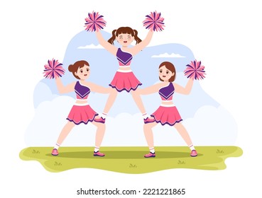 Cheerleader Girl with Pompoms of Dancing and Jumping to Support Team Sport During Competition on Flat Cartoon Hand Drawn Templates Illustration