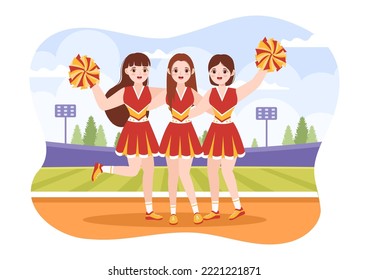 Cheerleader Girl with Pompoms of Dancing and Jumping to Support Team Sport During Competition on Flat Cartoon Hand Drawn Templates Illustration