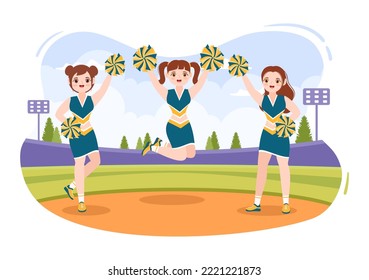 Cheerleader Girl with Pompoms of Dancing and Jumping to Support Team Sport During Competition on Flat Cartoon Hand Drawn Templates Illustration