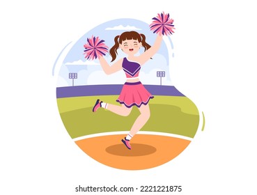 Cheerleader Girl with Pompoms of Dancing and Jumping to Support Team Sport During Competition on Flat Cartoon Hand Drawn Templates Illustration