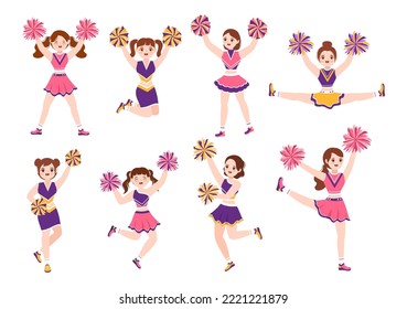 Cheerleader Girl with Pompoms of Dancing and Jumping to Support Team Sport During Competition on Flat Cartoon Hand Drawn Templates Illustration