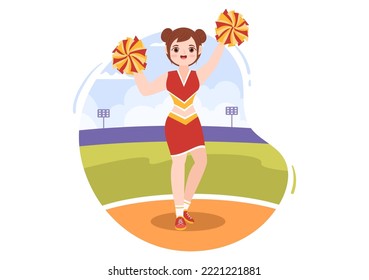 Cheerleader Girl with Pompoms of Dancing and Jumping to Support Team Sport During Competition on Flat Cartoon Hand Drawn Templates Illustration