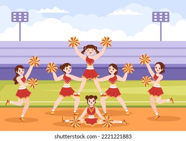 Cheerleader Girl with Pompoms of Dancing and Jumping to Support Team Sport During Competition on Flat Cartoon Hand Drawn Templates Illustration