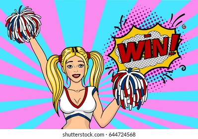 Cheerleader girl with pompoms. High school cheerleading says win. Energy dance fan pop art. Vector illustration in comic style.