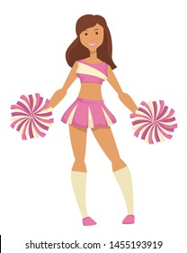 Cheerleader girl with pompoms in uniform with gaiters isolated female character vector cheering up sport team dancing and showing tricks support, football or basketball team match and sporting