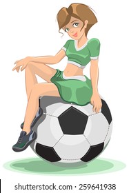 Cheerleader girl sitting on the soccer ball. Illustration in vector format