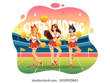 Ilustración vectorial de la muchacha de la animadora con los pompones de la animadora de bailar y saltar al deporte de Equipo de la Asistencia durante la competencia sobre fondo plano