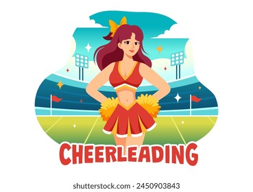 Cheerleader Girl Vector Illustration with Cheerleading Pom Poms of Dancing and Jumping to Support Team Sport During Competition on Flat Background