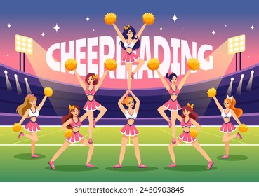 Cheerleader Girl Vector Illustration with Cheerleading Pom Poms of Dancing and Jumping to Support Team Sport During Competition on Flat Background