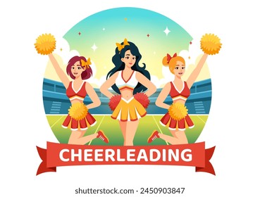 Cheerleader Girl Vector Illustration with Cheerleading Pom Poms of Dancing and Jumping to Support Team Sport During Competition on Flat Background