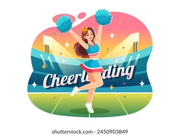 Cheerleader Girl Vector Illustration with Cheerleading Pom Poms of Dancing and Jumping to Support Team Sport During Competition on Flat Background