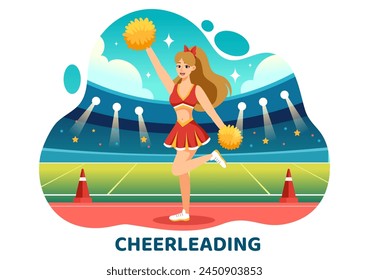 Cheerleader Girl Vector Illustration with Cheerleading Pom Poms of Dancing and Jumping to Support Team Sport During Competition on Flat Background