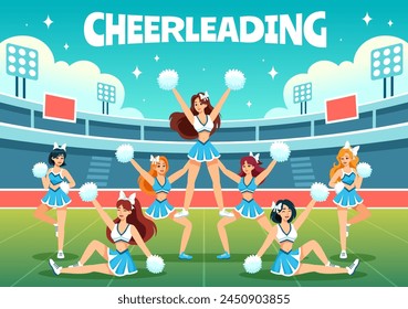 Ilustración vectorial de la muchacha de la animadora con los pompones de la animadora de bailar y saltar al deporte de Equipo de la Asistencia durante la competencia sobre fondo plano