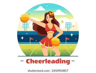 Cheerleader Girl Vector Illustration with Cheerleading Pom Poms of Dancing and Jumping to Support Team Sport During Competition on Flat Background