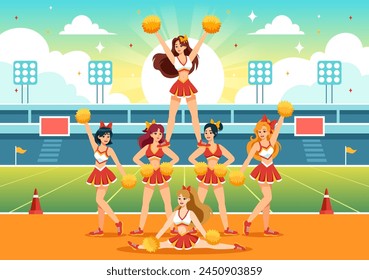 Ilustración vectorial de la muchacha de la animadora con los pompones de la animadora de bailar y saltar al deporte de Equipo de la Asistencia durante la competencia sobre fondo plano