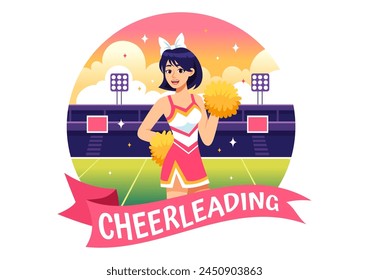 Ilustración vectorial de la muchacha de la animadora con los pompones de la animadora de bailar y saltar al deporte de Equipo de la Asistencia durante la competencia sobre fondo plano