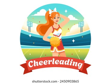 Cheerleader Girl Vector Illustration with Cheerleading Pom Poms of Dancing and Jumping to Support Team Sport During Competition on Flat Background