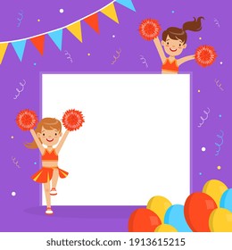 Cheerleader Girls with Blank Banner, Fan Girls in Red Uniform Dancing with Pom Poms, Background, Card, Poster Design Cartoon Style Vector Illustration