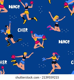 Cheerleader girls flat vector seamless pattern. Sportswomen cartoon characters background, backdrop. Dance, cheer typography. Cheerleaders in uniform dancing wrapping paper design