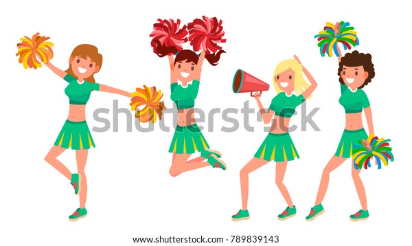 チアリーダーの女の子のベクター画像 踊るチアリーダー スポーツファンユニフォーム サッカーのサポート女性の演奏 アメリカ のサッカーファンの漫画のキャラクターイラスト のベクター画像素材 ロイヤリティフリー