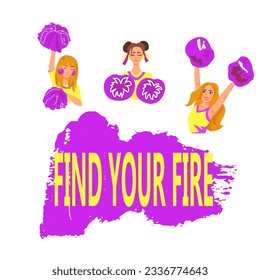 Cheerleader girls in violet and yellow cheerleader uniform dancing to support football team during competition. Vector illustration on textured background. Lettering design.