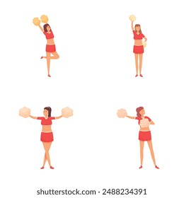 Cheerleader icons set cartoon vector. Dancing cheerleader girl with pompom. Sport event