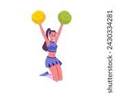 Cheerleader illustration. A girl in a flat style is kneeling with her arms raised high. An isolated character holds colorful pom poms in his hands. Smiling cheerleader in motion.