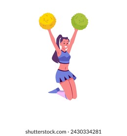 Cheerleader illustration. A girl in a flat style is kneeling with her arms raised high. An isolated character holds colorful pom poms in his hands. Smiling cheerleader in motion.