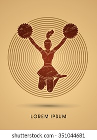 Cheerleader jumping designed using grunge brush on shine circle background graphic vector