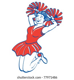 Cheerleader Jumping With Pom-poms In Retro Or Vintage Style.