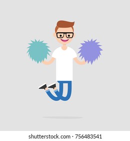 Cheerleader jumping with the pompoms. Sport activities. Supporting the team. Young excited character celebrating the success. Flat editable vector illustration, clip art