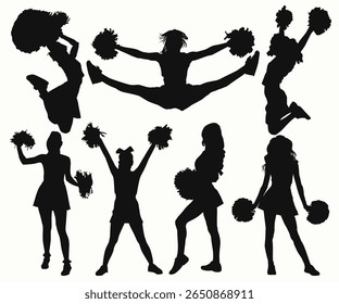 Cheerleader jumping  silhouette. Vector silhouette of a cheerleader holding pompoms. Cheerleader full body silhouette illustration. Girl pose cheerleading isolated. Pompom NFL icons.