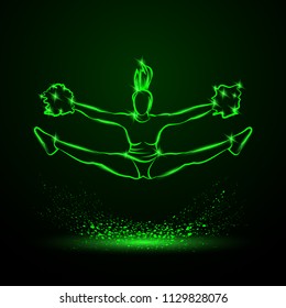 Cheerleader jumps and doing splits with pom poms. Green neon cheerleading illustration for sporting poster event.