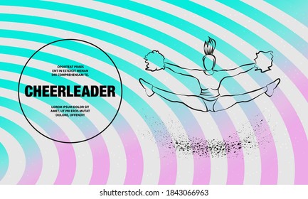 Cheerleader jumps and doing splits with pom poms. Vector outline of sport dance illustration.