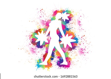 Cheerleader logo design, Popular Cheerleading Sport, Dancing colorful girl splash paint on white background, Pom Poms, Exercises, Equipment, Healthcare, Icon, Symbol, Silhouette, Vector illustration.