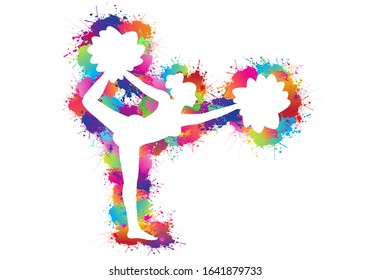 Cheerleader logo design. Sports background. Dancing colorful girl splash paint. Ballerina, Girl gymnast, Icon, Symbol, Silhouette, Vector illustration.